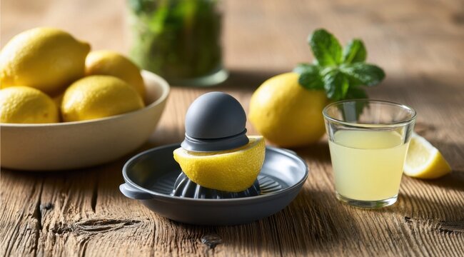 Freshly squeezed lemon juice in a citrus juicer on a rustic wooden table with whole lemons and a glass
