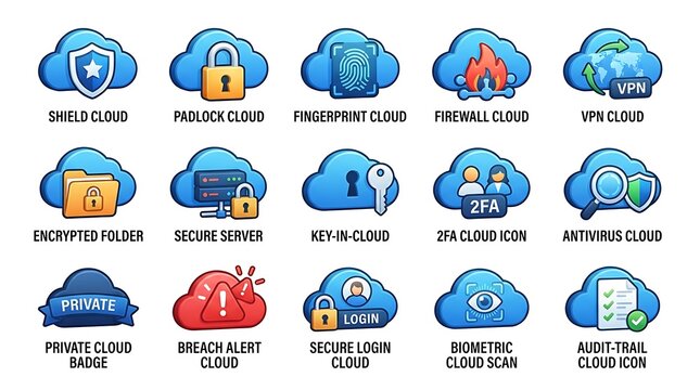 Cloud security and data protection icons set for cybersecurity and information technology concepts with security cybersecurity protection encryption firewall technology identity biometric