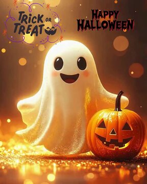 Adorable smiling ghost standing beside a carved pumpkin with glowing lights, creating a fun Halloween greeting perfect for seasonal celebrations and festive designs. video
