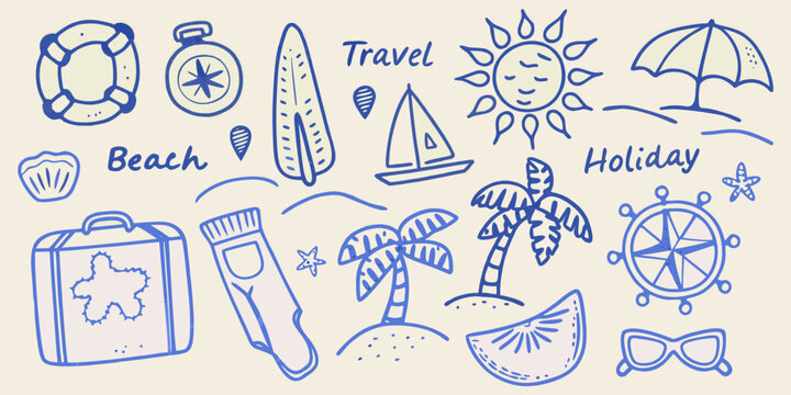 Hand drawn blue line art doodle set of summer travel and beach themed objects on a pale background accessories beachcombing beachwear lines boating