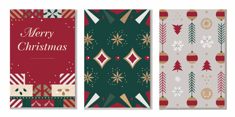 Set of three modern abstract merry christmas greeting card designs with geometric patterns and festive elements art backgrounds design celebration decorations eve festival © Ripan