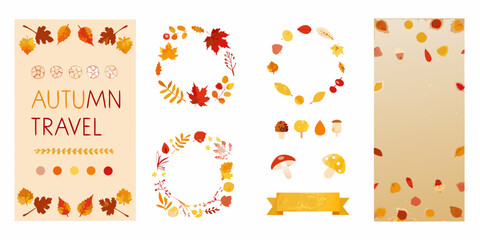 Floral ornament collection featuring maple leaves acorns and mushrooms in a watercolor style autumn fall foliage leaf oak acorn mushroom fungi pattern illustration © Ripan