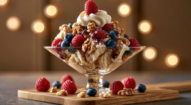 Glass dessert bowl filled with yogurt, granola, fresh raspberries, blueberries, and walnuts topped with whipped cream on a wooden board