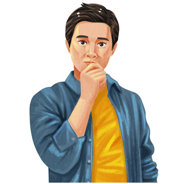 a young asian man looking forward with his hand resting near his mouth
