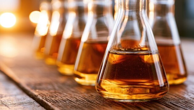 Glass erlenmeyer flasks lined on a wooden table with amber liquid