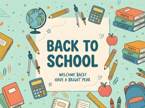 Back to school welcome banner with globe calculator books and school supplies