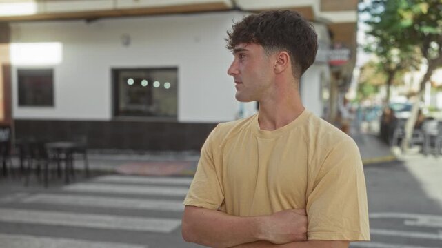 Man with arms crossed on a city street near a crosswalk in front of a cafe, wearing yellow t shirt and looking to the right; thoughtful.