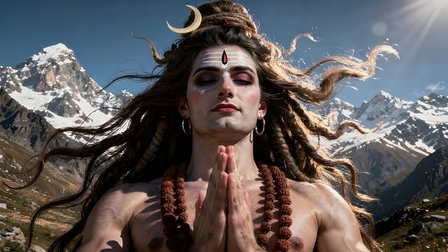 Lord Shiva meditating with hands in prayer pose before Himalayan mountains