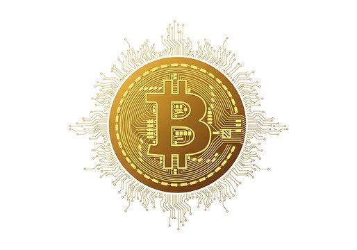 Golden Bitcoin cryptocurrency logo with digital circuit background