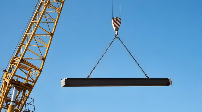 Tower crane lifting heavy steel beam against clear blue sky with construction industry industrial building machinery hoisting development architecture