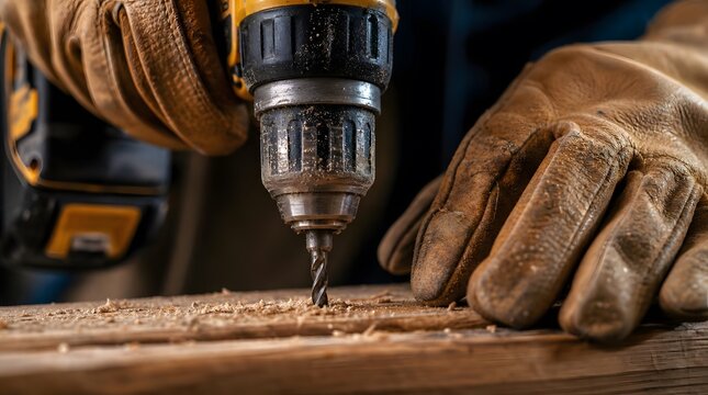 Carpenter using cordless power drill on wooden board with leather gloves carpenter construction professional carpentry drilling handyman woodworking