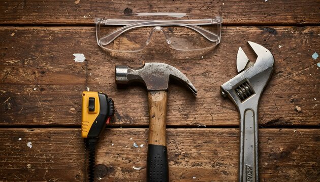 Professional construction hand tools including hammer wrench tape measure and safety glasses with do it yourself construction carpentry maintenance handyman
