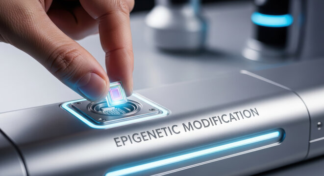 Biohacking longevity research in epigenetic modification with hand and futuristic medical device