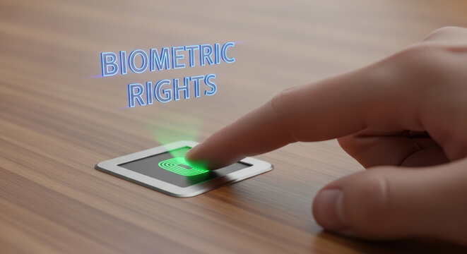 Biometric rights finger touch scanner on wooden surface for secure identity access
