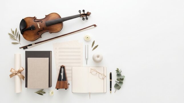 Flat lay composition with violin and music notes for a creative teacher's day celebration on white background