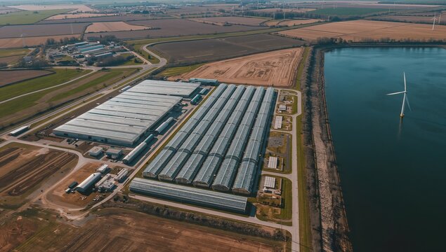 Glasshouse rows and a large shed beside a lake with a wind turbine