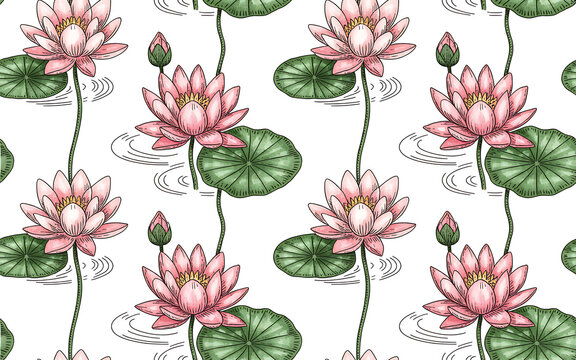 Seamless pattern with hand drawn pink lotus flowers and green lily pads in a decorative botanical watercolor art style suitable for fabric textile wallpaper design and wrapping paper prints