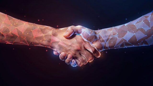 Abstract digital handshake between human hands with geometric low poly mesh network