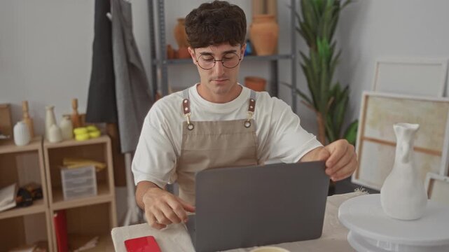 Man wearing apron and round glasses typing on laptop in pottery studio among clay vases and shelving full of pots; creative focus.