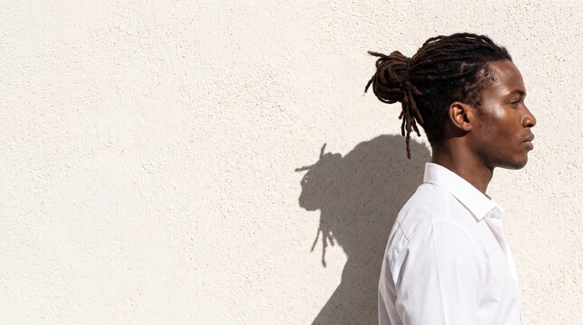 Portrait of a young man with dreadlocks. Profile view of a stylish guy against a wall.