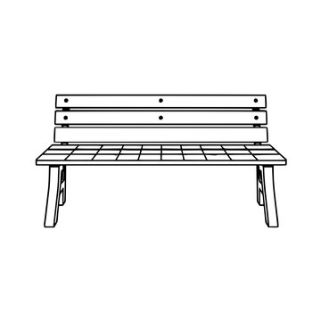Wooden picnic bench set with straight-on line art featuring evenly spaced planks, simple construction, and isolated black outline illustration