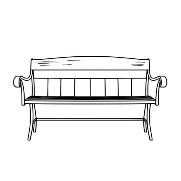 Vintage wooden bench set with elegant line art featuring curved armrests, decorative outdoor furniture with thin black outlines and vector style