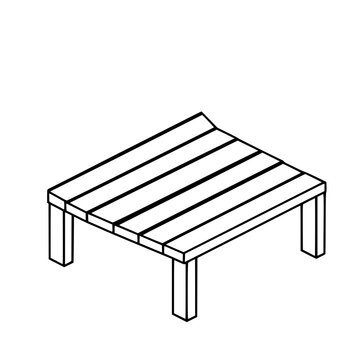 Isometric wooden bench line art set with clean technical outline featuring minimal perspective, black contour lines, and isolated architectural drawing style