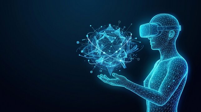 Humanoid avatar using VR headset. Digital person interacting with holographic data sphere.