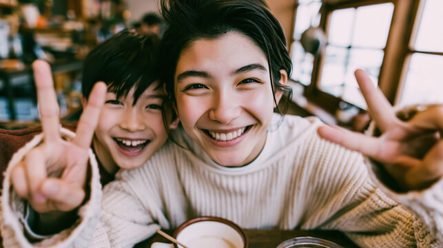 Smiling Japanese woman and child taking photo in cozy cafe with warm sunlight and happy family mood
