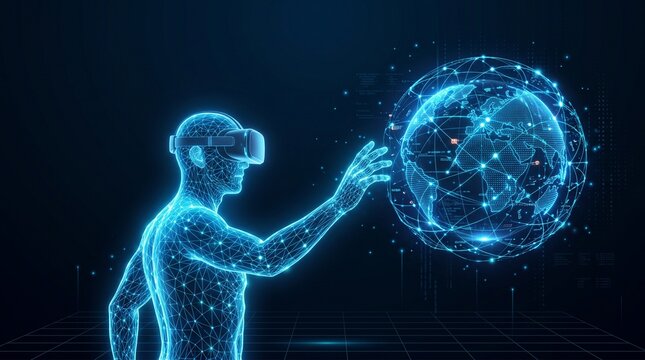 Humanoid figure using VR headset. Digital avatar interacting with a glowing global network.
