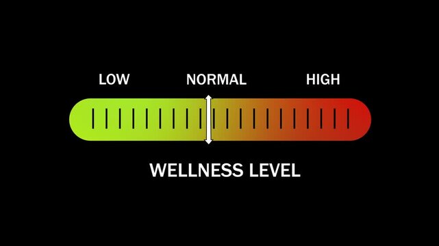 Dynamic wellness level progress bar animation featuring a moving indicator sliding from low to status on a gradient scale for health tracking, medical monitoring, fitness analytics, and data