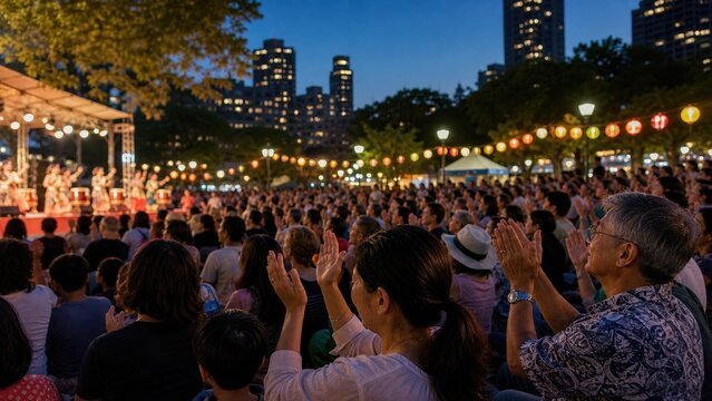 Evening outdoor concert crowd applauding near lit paper lanterns and a city skyline at a summer festival