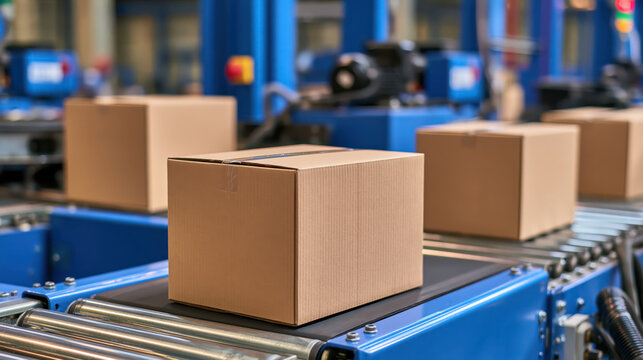 Production line manufacturing cardboard box in clean modern factory with organized workflow and industrial packaging