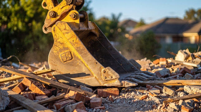 Excavator bucket tearing through brick rubble and debris at an active building demolition site