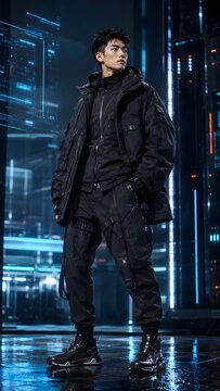 Full length portrait of Asian male model wearing black techwear jacket and cargo pants in futuristic neon city background, cyberpunk fashion concept.