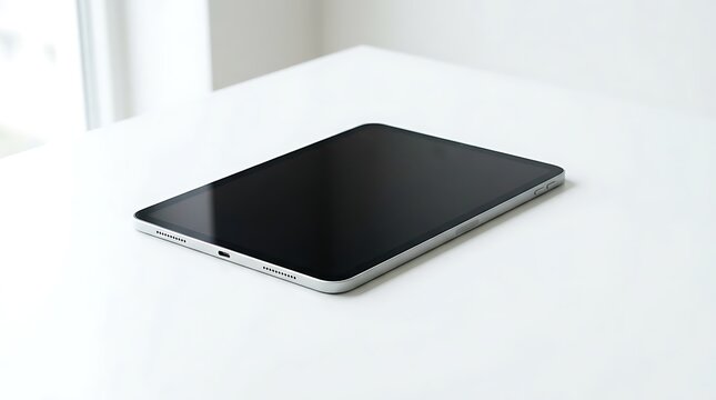 Modern Digital Tablet with Blank Black Screen Lying on Clean White Desk in Minimalist Office Setting