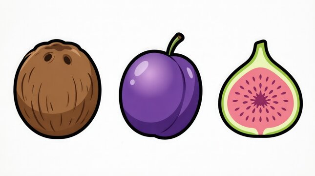 Set of cartoon fruit icons including coconut, plum, and sliced fig