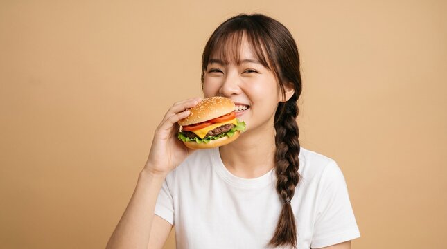 Young woman eating a cheeseburger. Happy girl enjoying a delicious fast food meal.
