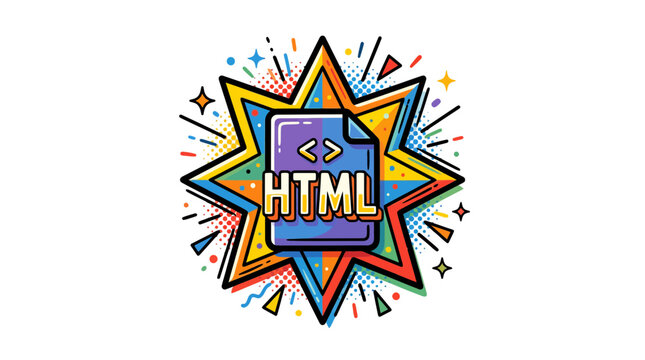 colorful html code logo with starburst design