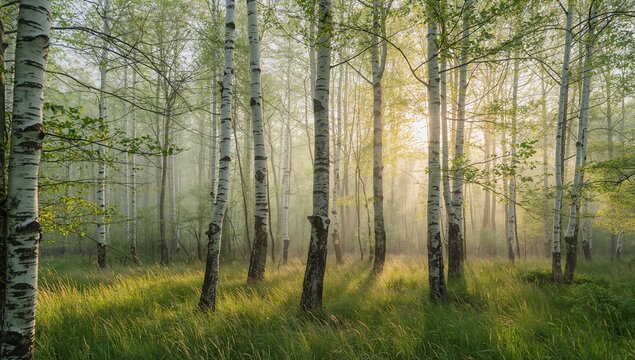 Birch trunks standing in tall golden green grass in early summer