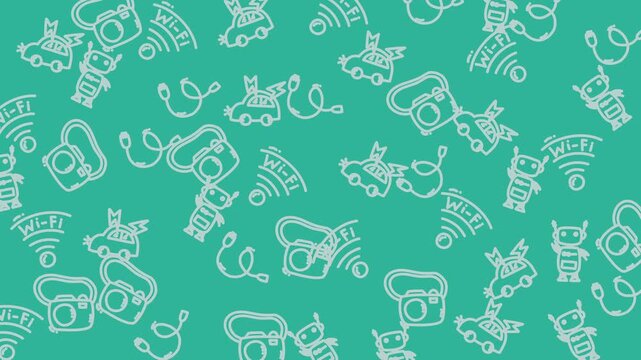 White line drawings of robots, cars, cameras, wifi symbols on a green patterned texture background. Ideal for techrelated designs and projects.