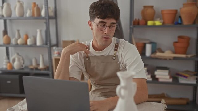 Man in apron and glasses typing on laptop at studio table with ceramic vases while hand adjusts strap on chest; focused creativity.