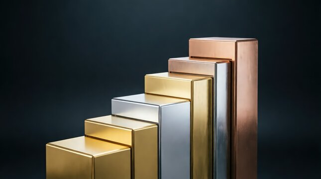 Ascending gold silver and bronze pedestals as financial bar chart