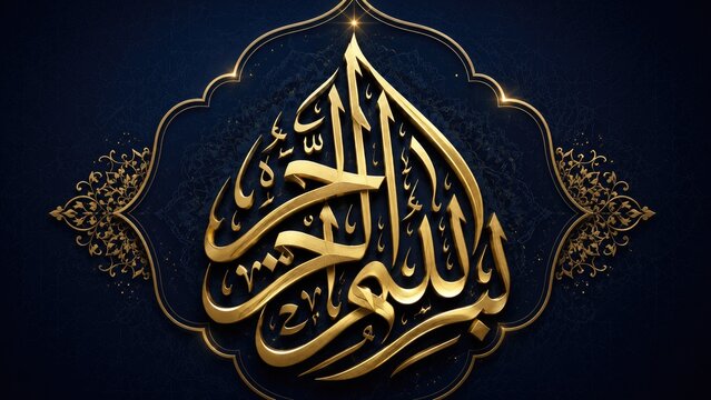 Golden Arabic calligraphy reading Bismillah on an ornate dark blue background with a decorative arabesque frame
