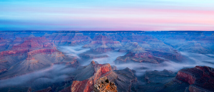 Grand Canyon South Rim Panorama with Fog in the Valley, Nevada, USA