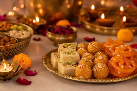 Traditional Indian sweets arranged for Diwali celebration