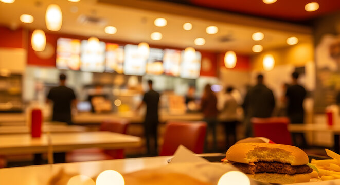 Casual Dining Scene at Fast Food Restaurant with Burger and Customers Ordering at Counter in Cozy Red-Decorated Interior