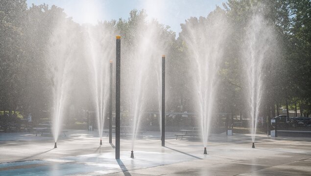 Water splash fountain with vertical spray jets in a public park