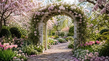 Obraz premium Romantic spring garden with a flower-covered stone arch, cobblestone path, blooming magnolias, tulips and lush flowering beds