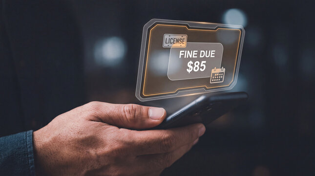 man holding smartphone with glowing traffic ticket interface and license plate scan to verify violation status, confirm payment due date, and manage municipal citation record